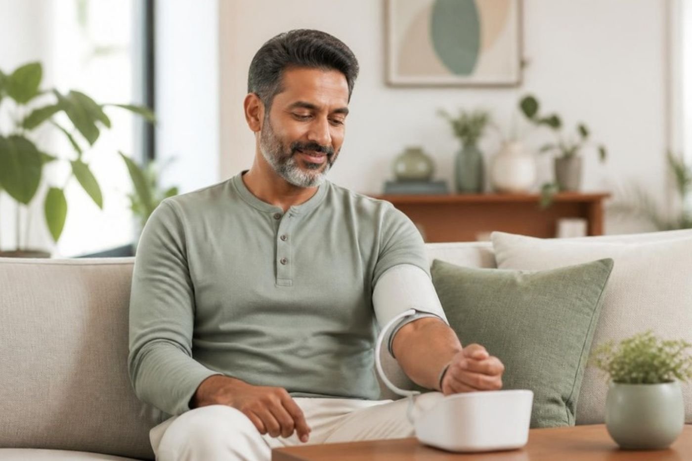 Man checking his blood pressure at home