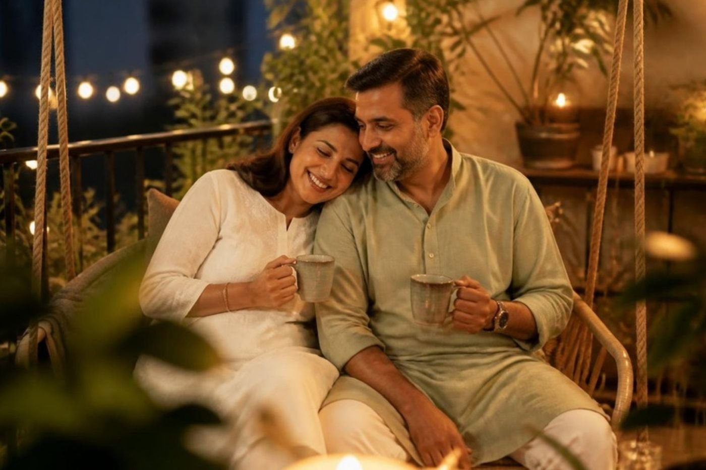 Couple sharing tea on a balcony swing in the evening