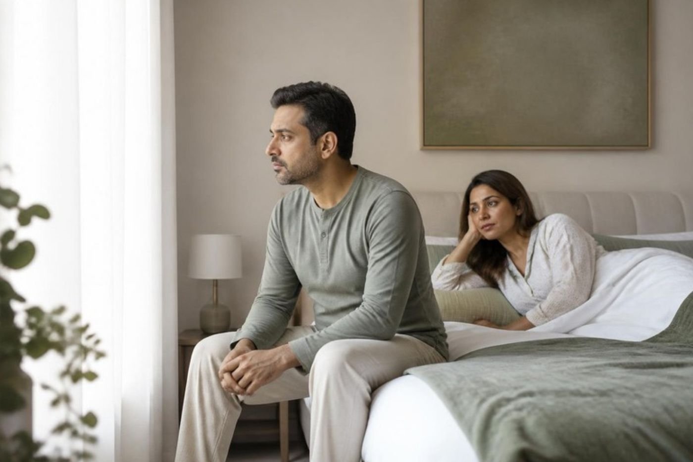 An Indian couple sitting apart in a quiet bedroom
