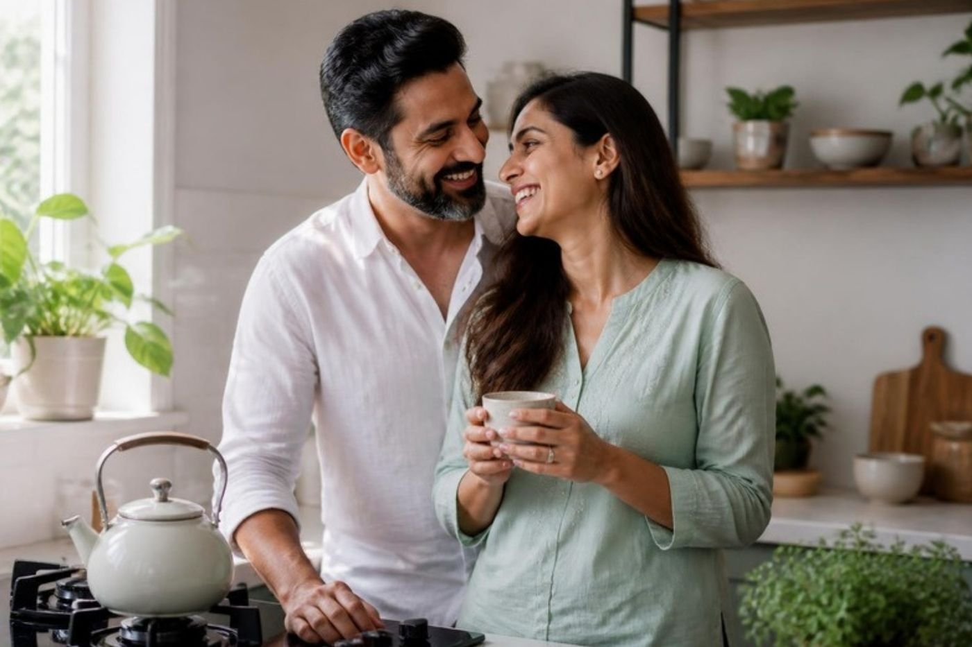A happy Indian couple laughing together in the kitchen