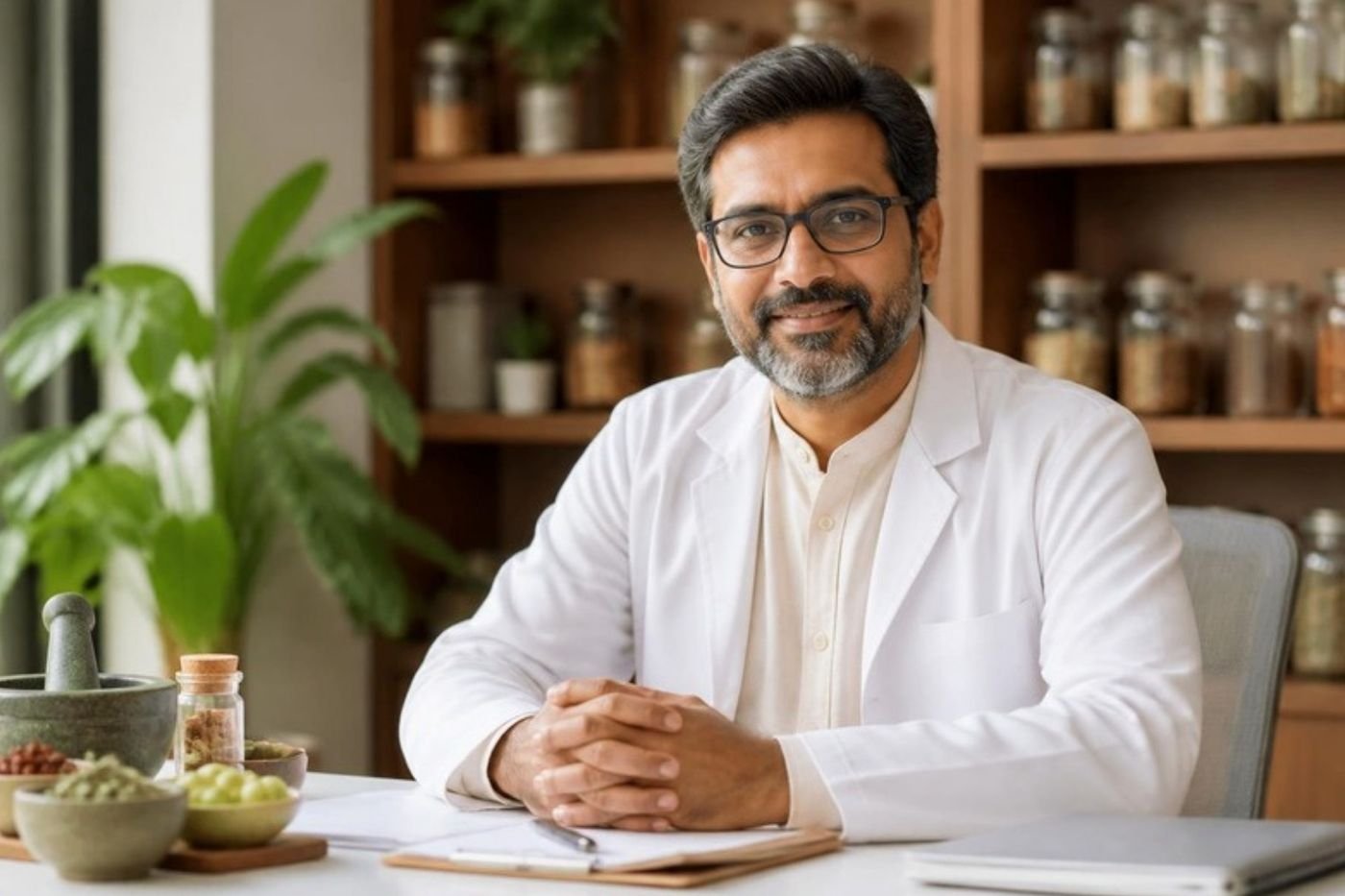 Ayurvedic doctor at his consultation desk