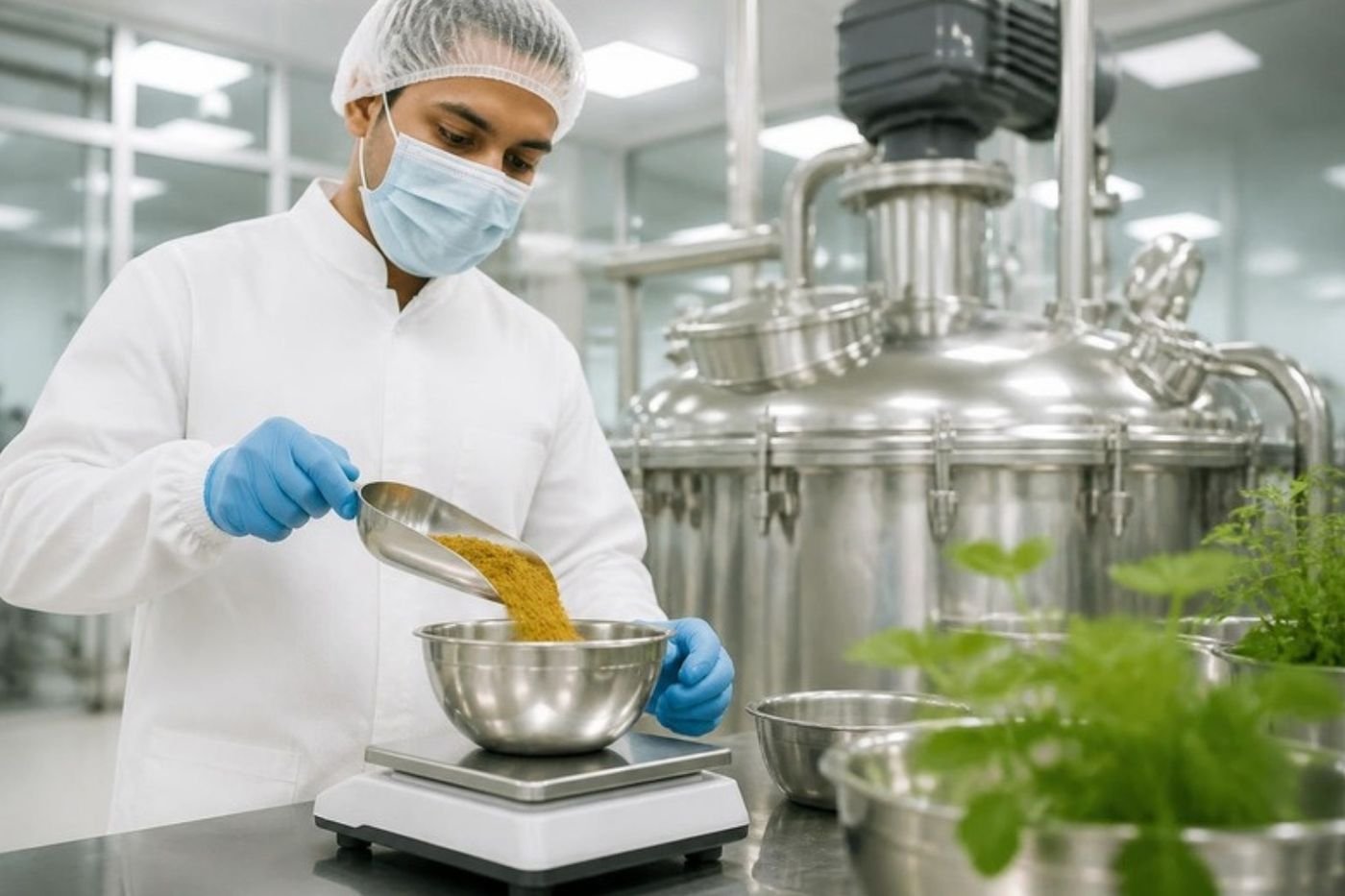 Technician weighing herbal powder in a GMP facility