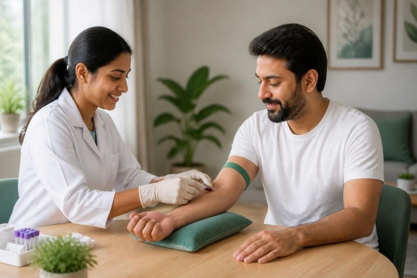 A technician collecting a blood sample from a man at home