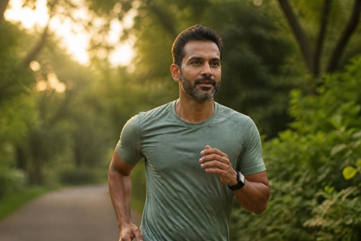 Man jogging in a park at sunrise