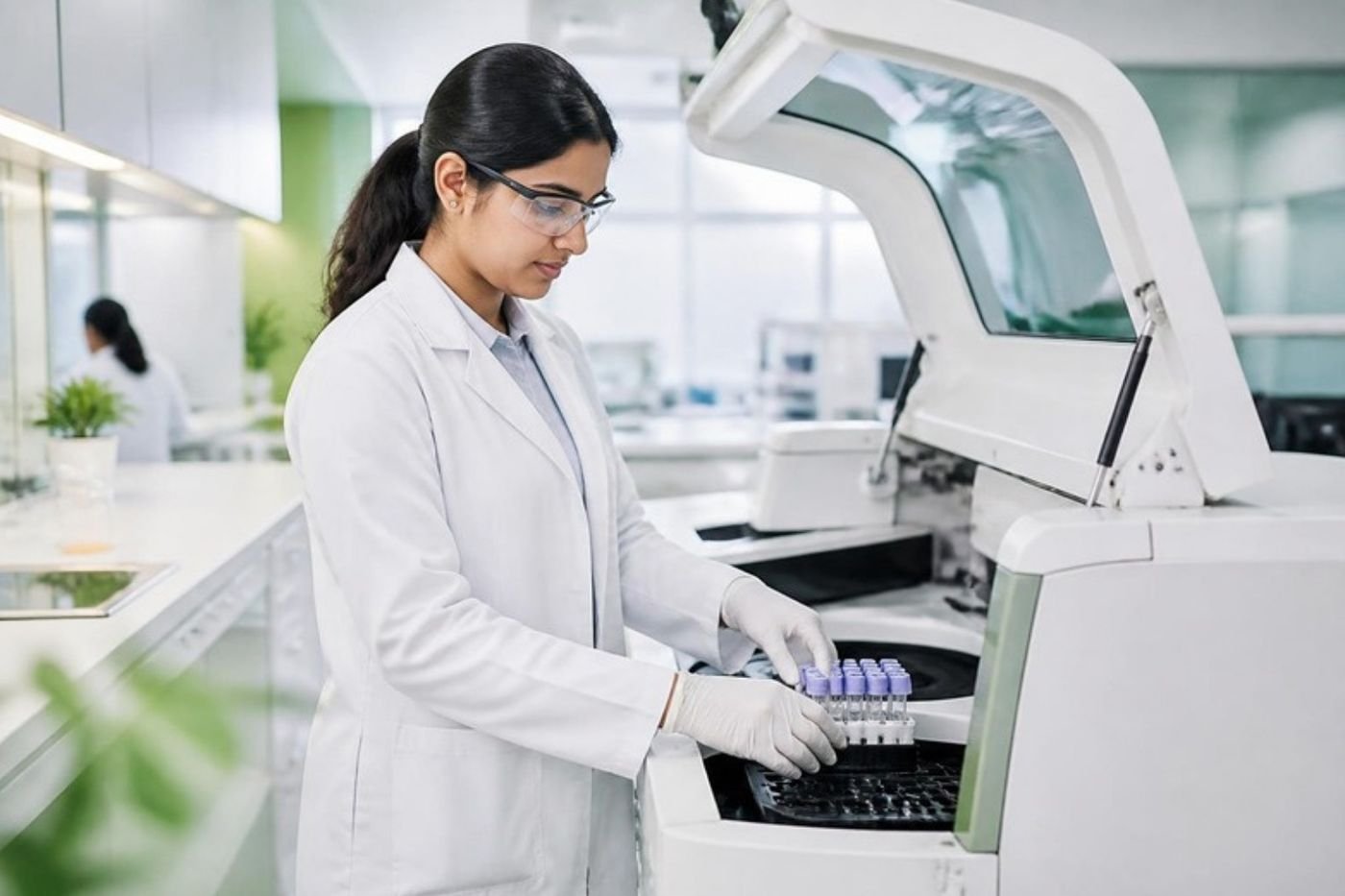 Lab scientist loading samples into an analyser