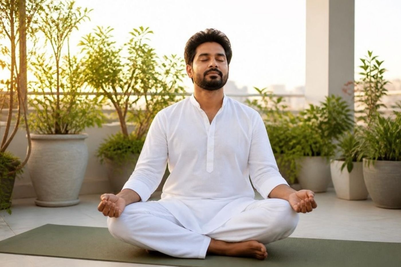 Man meditating on a terrace at sunrise
