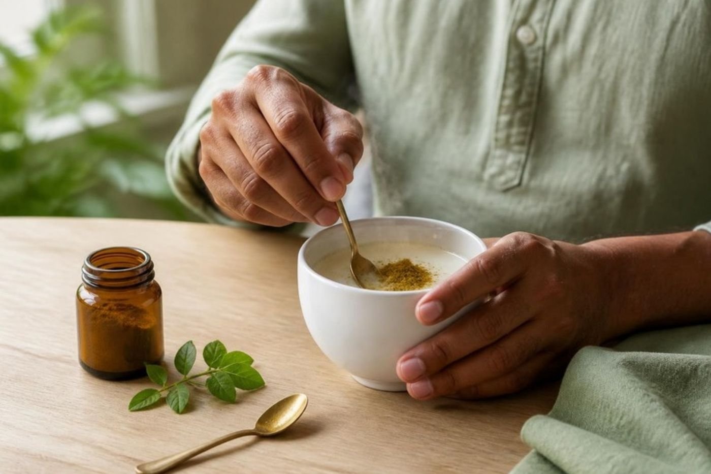 Stirring Ayurvedic herbal powder into warm milk