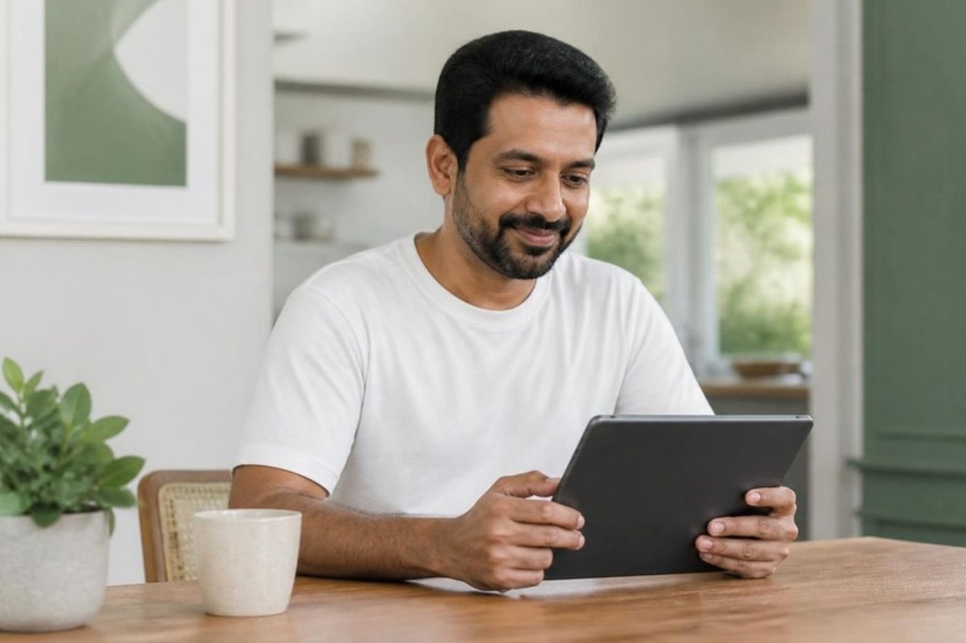 Man reviewing his lab report on a tablet