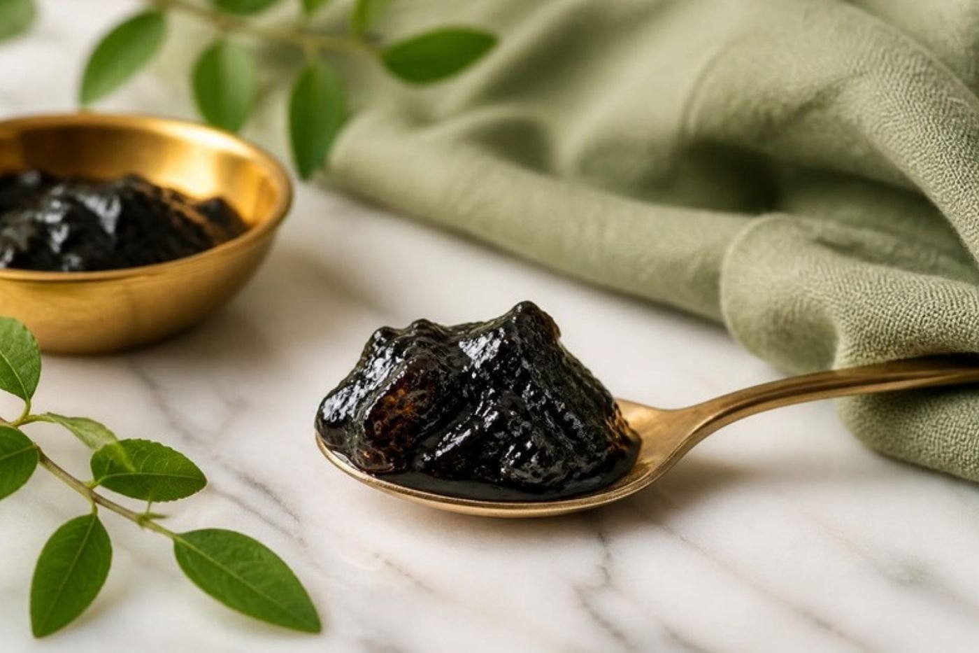 Purified shilajit resin on a brass spoon