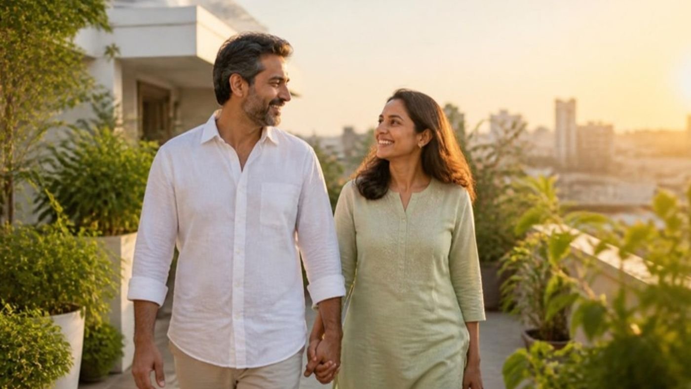 Couple walking hand in hand at sunrise