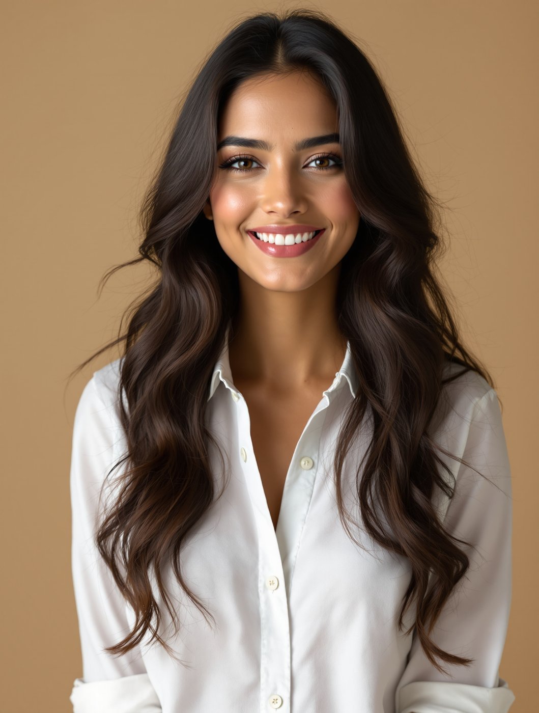 Indian woman in a white shirt, smiling