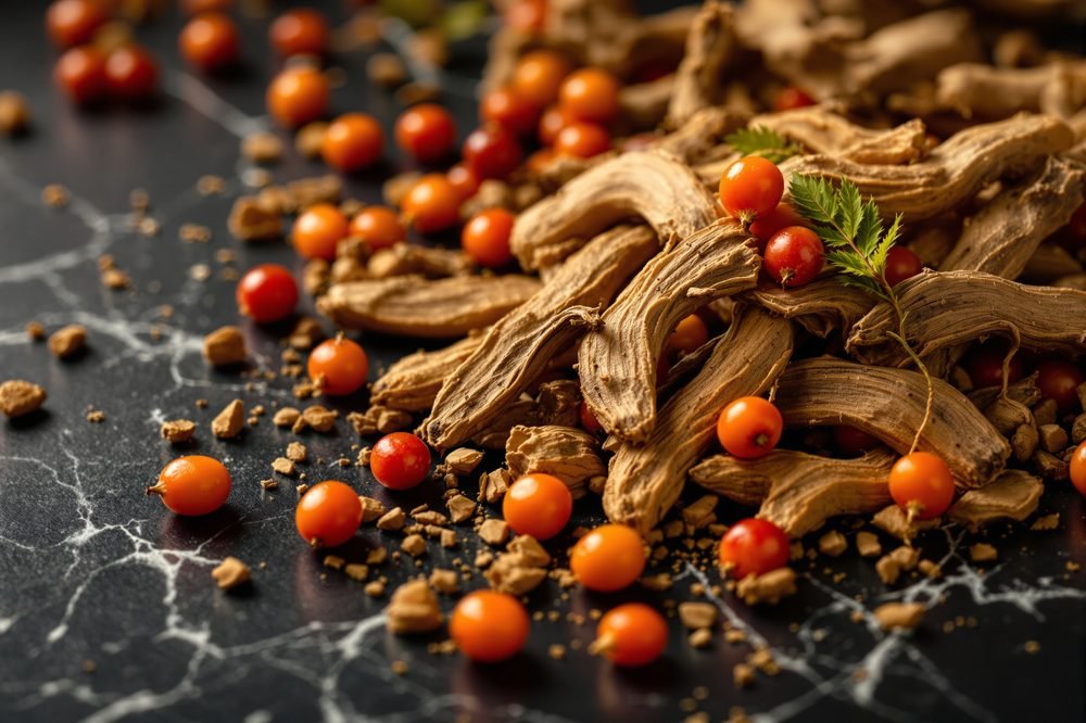 Ashwagandha roots and berries